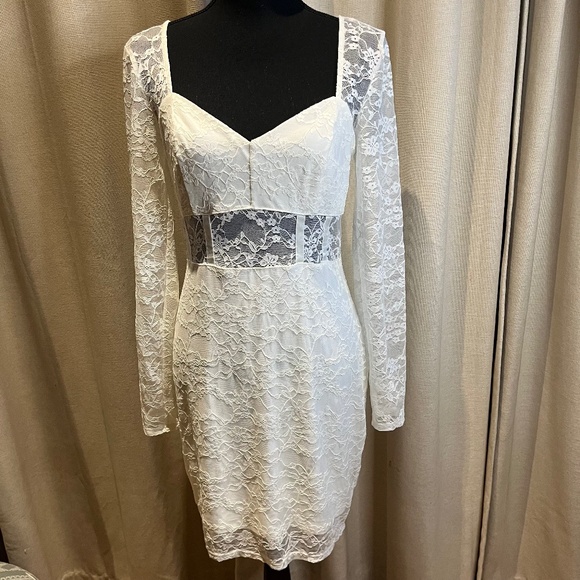 Guess White Lace Long Sleeve Bodycon Dress Size L - Picture 1 of 16